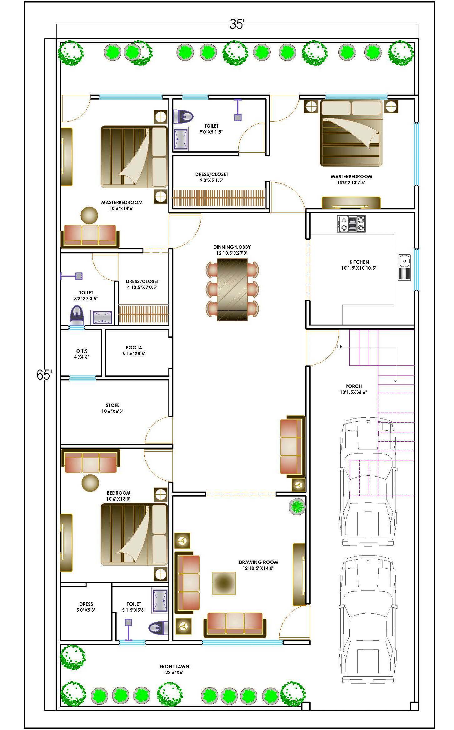 Residential Plot 35'x65' AutoCAD House Layout